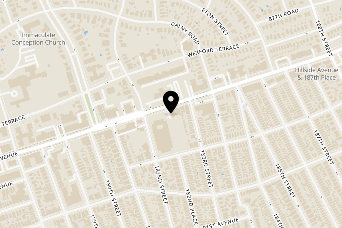 Map showing the location of Halalbee's Jamaica on 182-26 Hillside Ave in Jamaica